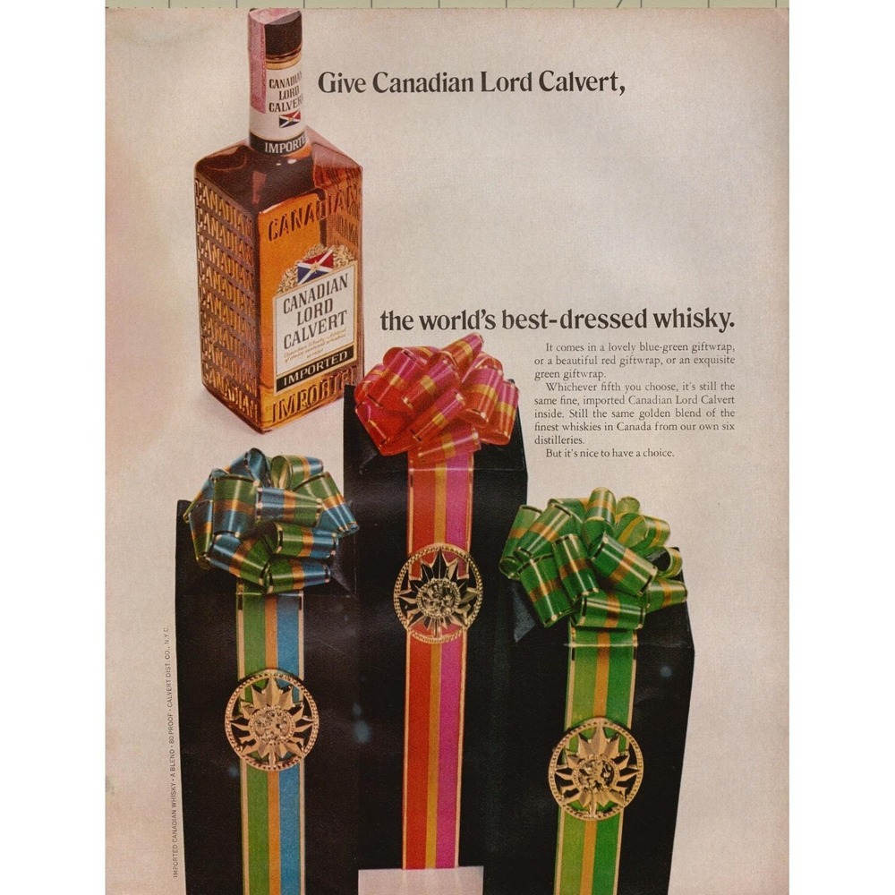 Canadian‎ Lord Calvert Whisky Gift Wrap Bottles Holiday Vintage Print Ad 1970